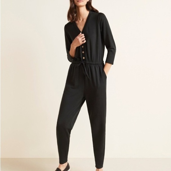 Garnet Hill Black Traverse Knit Jumpsuit Black Women’s Small Pockets Drawstring - Picture 1 of 13